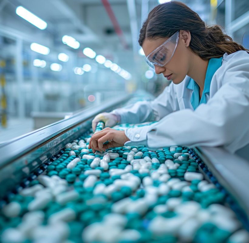 A woman in a lab coat is working with pills on a conveyor belt. She is wearing safety goggles and gloves