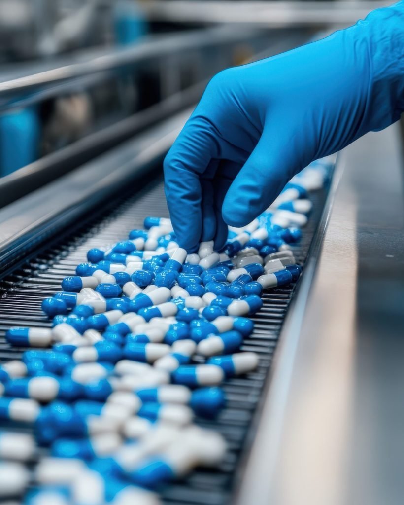 Pharmaceutical production line with blue pills